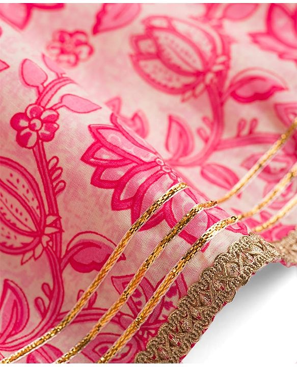Babyhug 100% Cotton Woven Half Flutter Sleeves Floral Printed Lehenga Choli Set With Dupatta - Pink