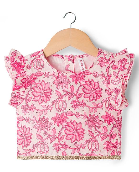 Babyhug 100% Cotton Woven Half Flutter Sleeves Floral Printed Lehenga Choli Set With Dupatta - Pink