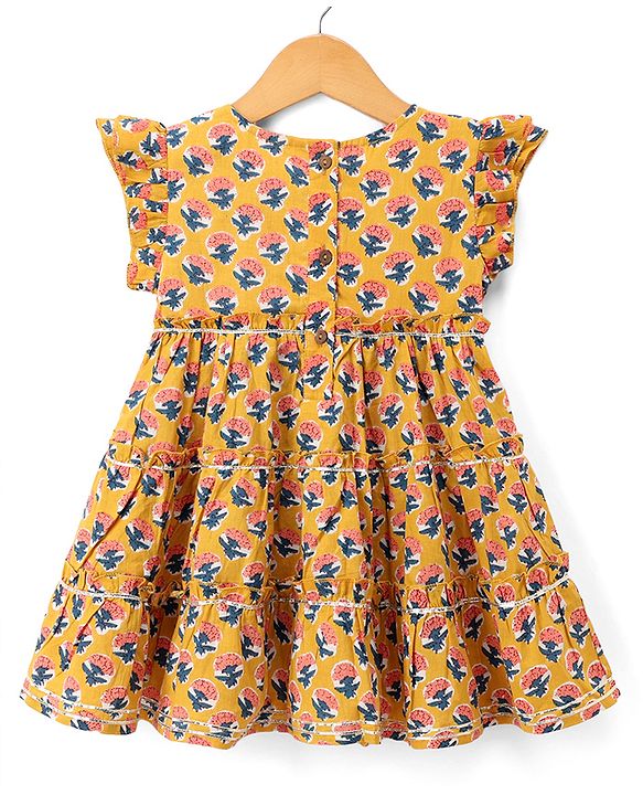 Babyhug 100% Cotton Cambric Woven Sleeveless Ethnic Printed Dress - Mustard