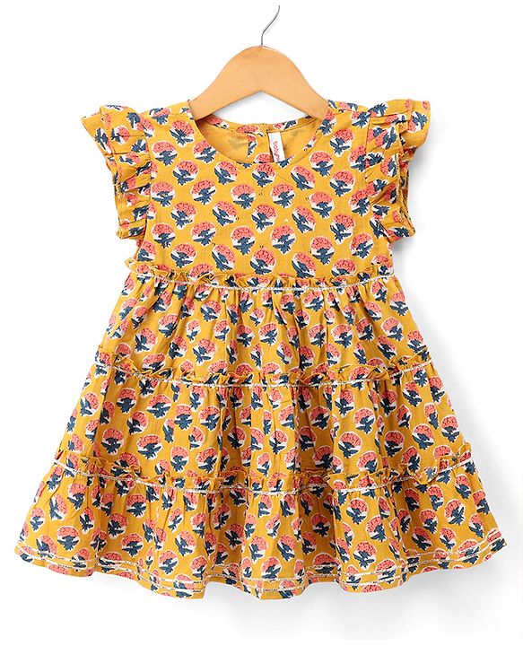 Babyhug 100% Cotton Cambric Woven Sleeveless Ethnic Printed Dress - Mustard