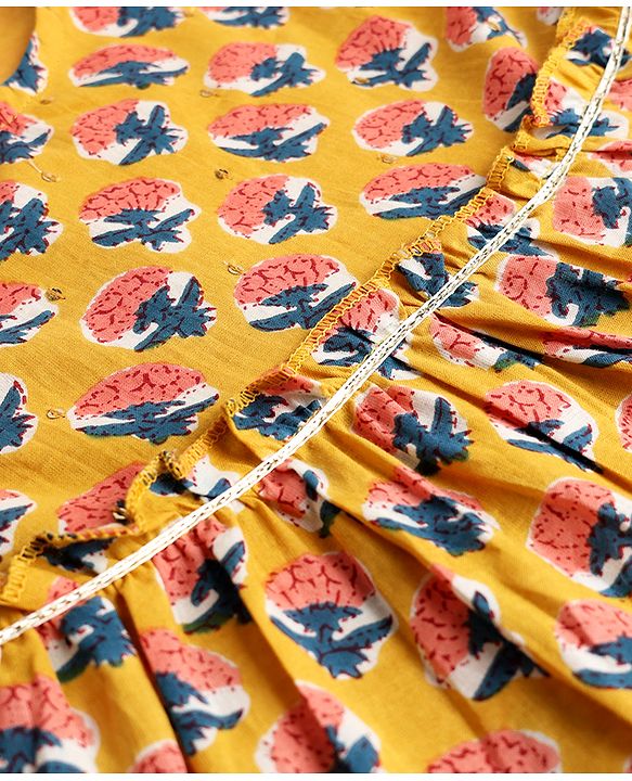 Babyhug 100% Cotton Cambric Woven Sleeveless Ethnic Printed Dress - Mustard