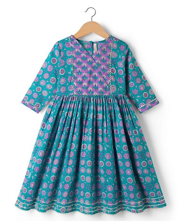 Babyhug 100% Cotton Cambric Woven Three Fourth Sleeves Ethnic Dress with Floral Print - Blue