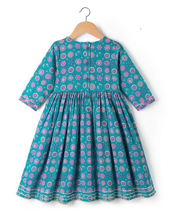 Babyhug 100% Cotton Cambric Woven Three Fourth Sleeves Ethnic Dress with Floral Print - Blue