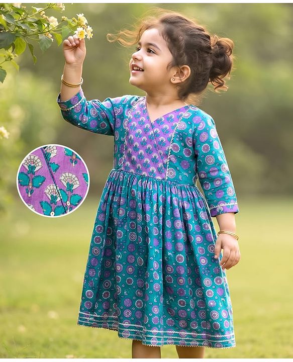 Babyhug 100% Cotton Cambric Woven Three Fourth Sleeves Ethnic Dress with Floral Print - Blue