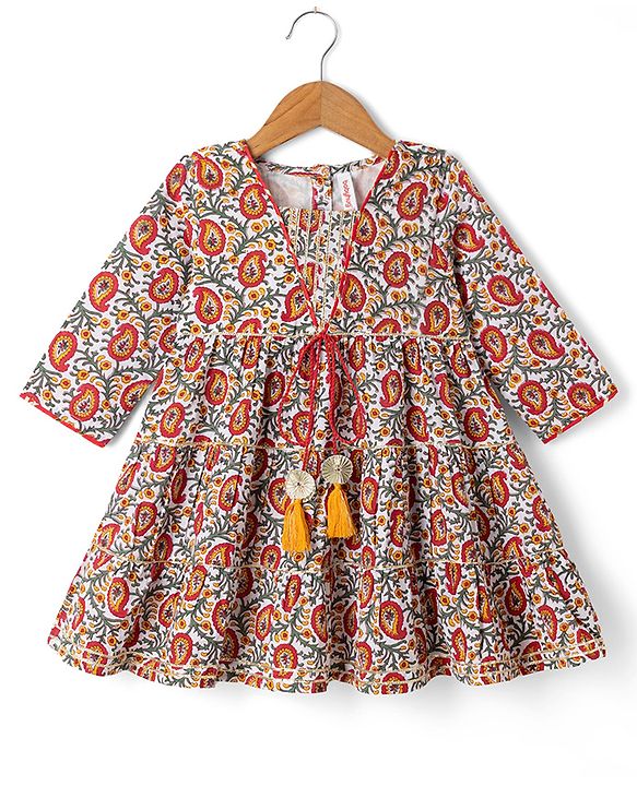 Babyhug 100% Cotton Cambric Ethnic Dresses with 3/4th Sleeves and Paisley Print in Offwhite for New born
