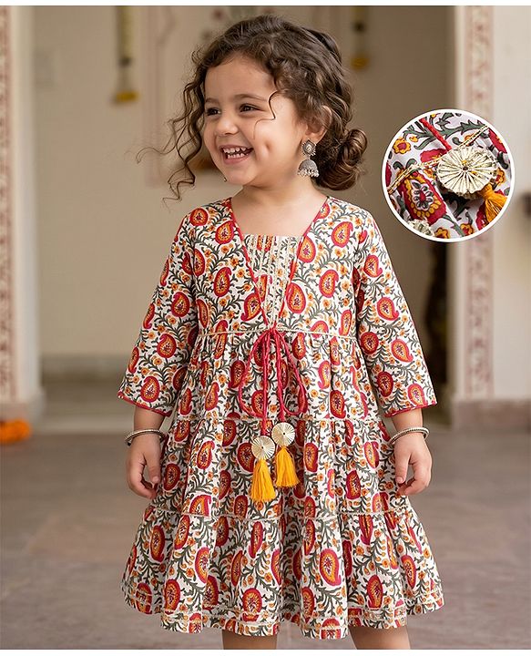 Babyhug 100% Cotton Cambric Ethnic Dresses with 3/4th Sleeves and Paisley Print in Offwhite for New born
