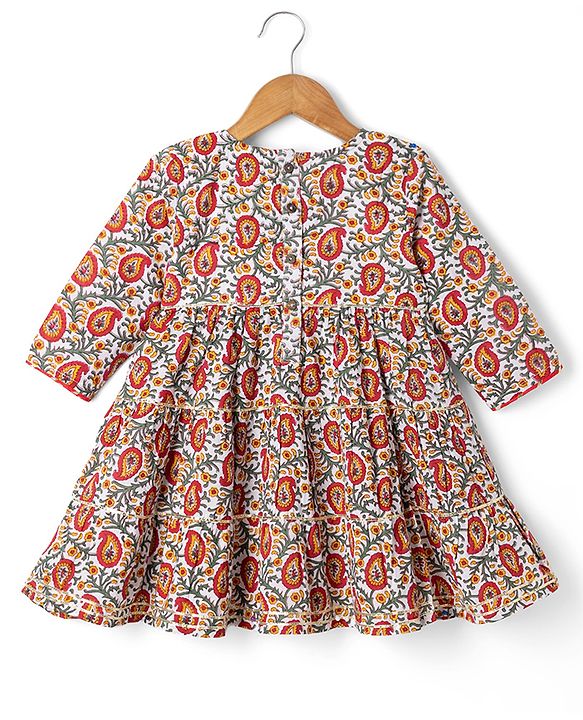 Babyhug 100% Cotton Cambric Ethnic Dresses with 3/4th Sleeves and Paisley Print in Offwhite for New born