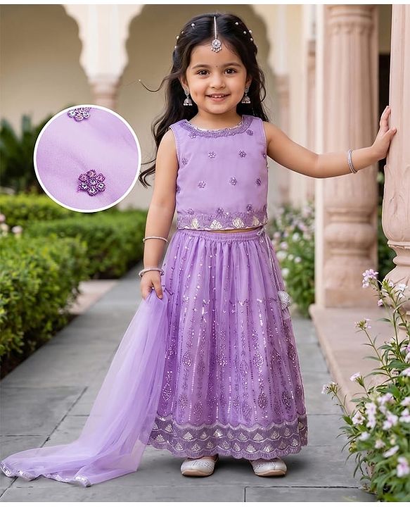 Babyhug Net Woven Sleeveless Floral Sequinned Choli Lehenga Set With Dupatta - Lavender