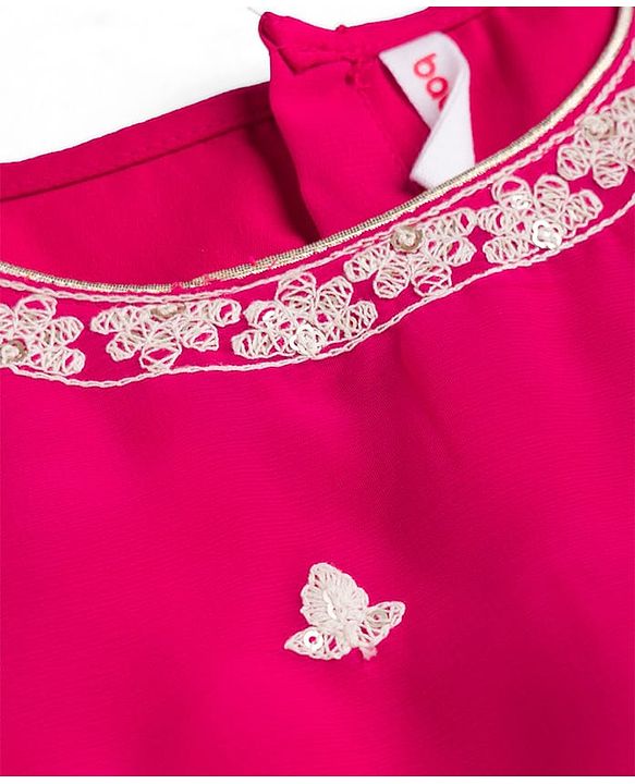 Babyhug Net Woven Sleeveless  Lehenga Choli Set With Dupatta & Floral Embroidery - Fuschia