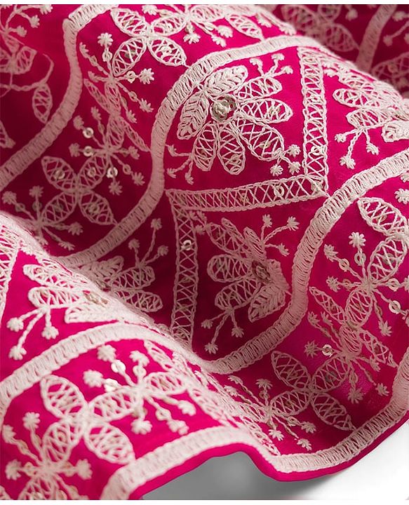 Babyhug Net Woven Sleeveless  Lehenga Choli Set With Dupatta & Floral Embroidery - Fuschia
