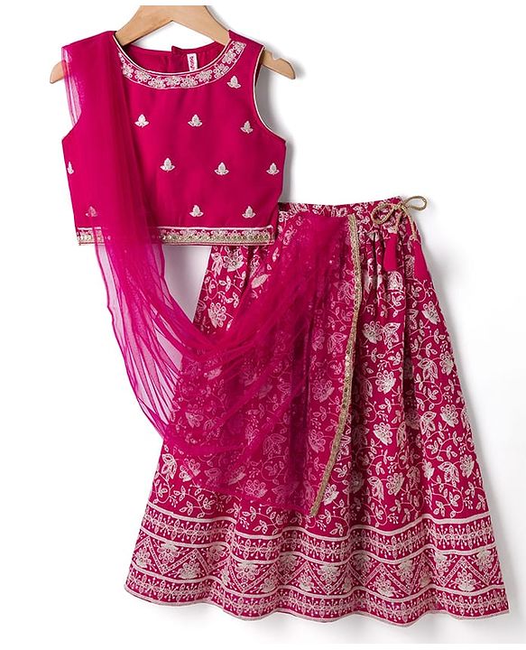 Babyhug Net Woven Sleeveless  Lehenga Choli Set With Dupatta & Floral Embroidery - Fuschia