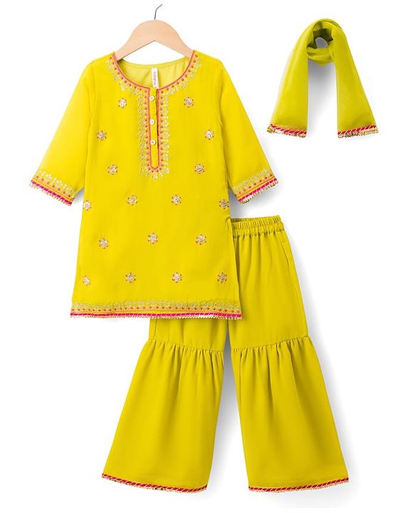 Babyhug Georgette Woven Three Fourth Sleeves Embroidered Kurti Gharara Set With Dupatta - Light Yellow
