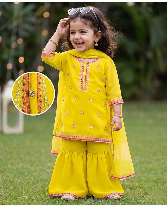 Babyhug Georgette Woven Three Fourth Sleeves Embroidered Kurti Gharara Set With Dupatta - Light Yellow