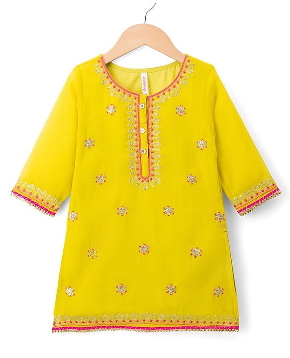 Babyhug Georgette Woven Three Fourth Sleeves Embroidered Kurti Gharara Set With Dupatta - Light Yellow