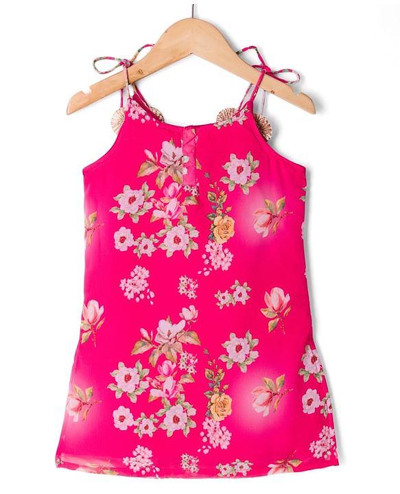 Babyhug Georgette Woven Sleeveless Floral Printed Kurti Palazo Set with Dupatta -  Fuchsia