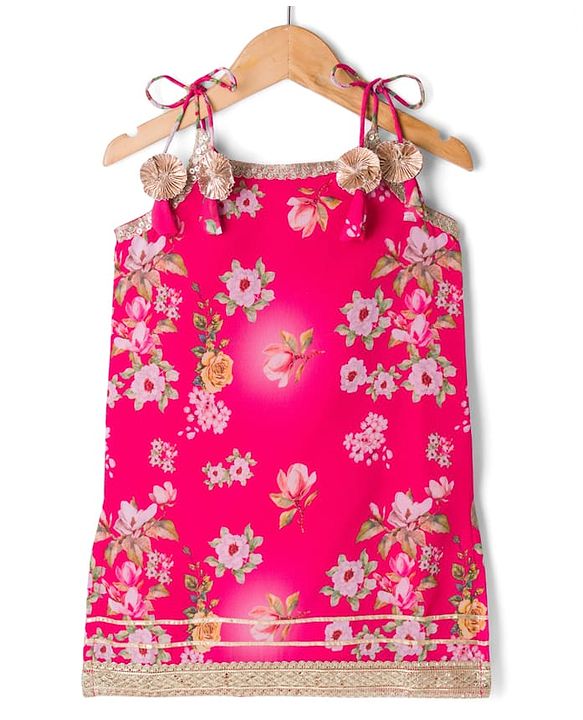 Babyhug Georgette Woven Sleeveless Floral Printed Kurti Palazo Set with Dupatta -  Fuchsia