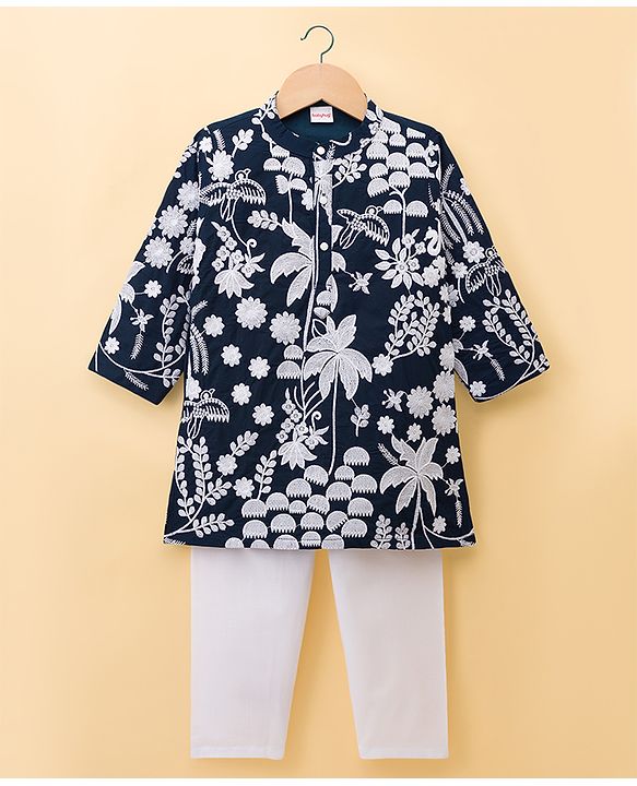 Babyhug Chanderi Woven Full Sleeves Kurta Pyjama Set with Floral Embroidery - Navy Blue