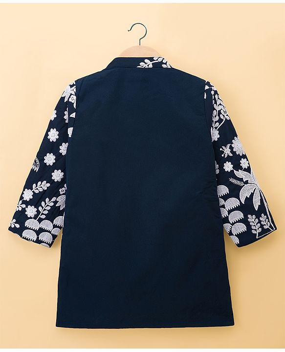 Babyhug Chanderi Woven Full Sleeves Kurta Pyjama Set with Floral Embroidery - Navy Blue