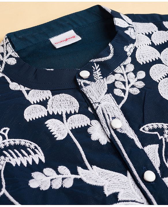 Babyhug Chanderi Woven Full Sleeves Kurta Pyjama Set with Floral Embroidery - Navy Blue