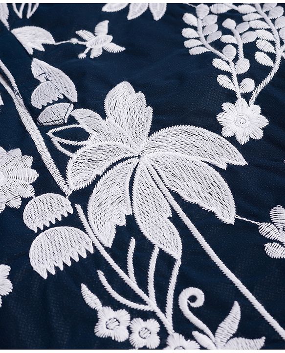 Babyhug Chanderi Woven Full Sleeves Kurta Pyjama Set with Floral Embroidery - Navy Blue
