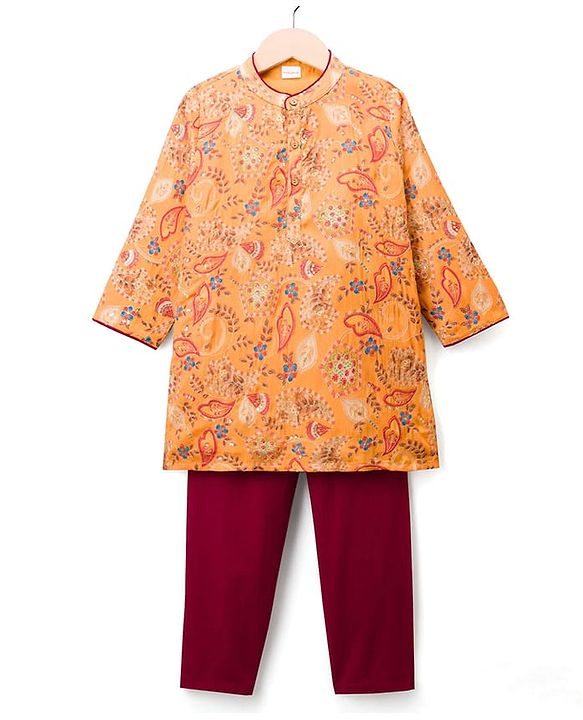 Babyhug Chanderi Woven Full Sleeves Sequinned Kurta Pyjama Set - Mustard