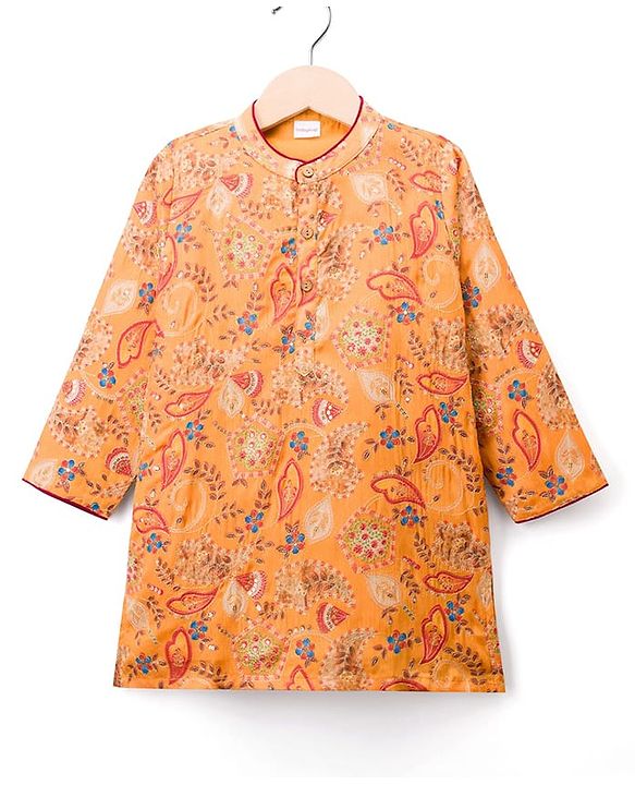 Babyhug Chanderi Woven Full Sleeves Sequinned Kurta Pyjama Set - Mustard
