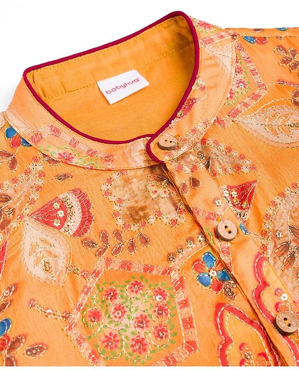Babyhug Chanderi Woven Full Sleeves Sequinned Kurta Pyjama Set - Mustard