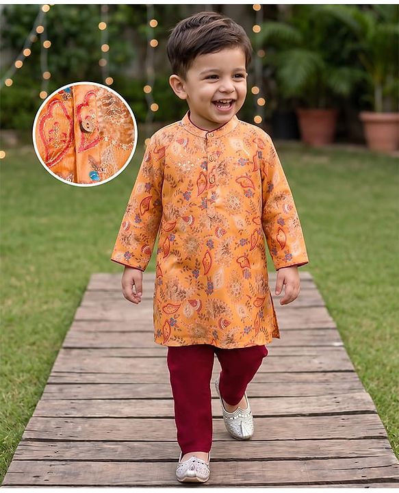 Babyhug Chanderi Woven Full Sleeves Sequinned Kurta Pyjama Set - Mustard