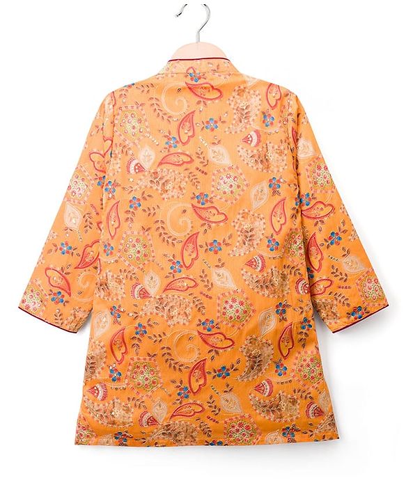 Babyhug Chanderi Woven Full Sleeves Sequinned Kurta Pyjama Set - Mustard