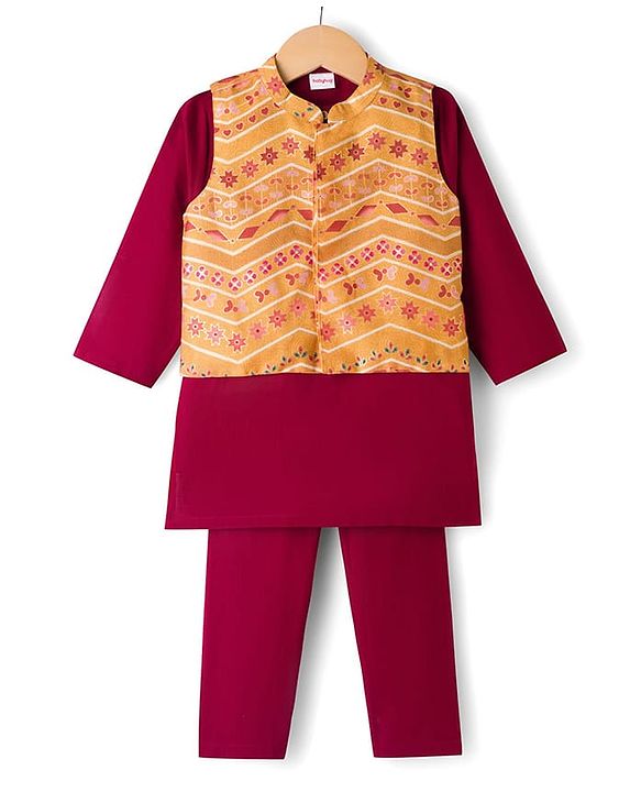 Babyhug Woven Full Sleeves Solid Colour Kurta Pajama Set with Floral Printed Nehru Jacket - Maroon
