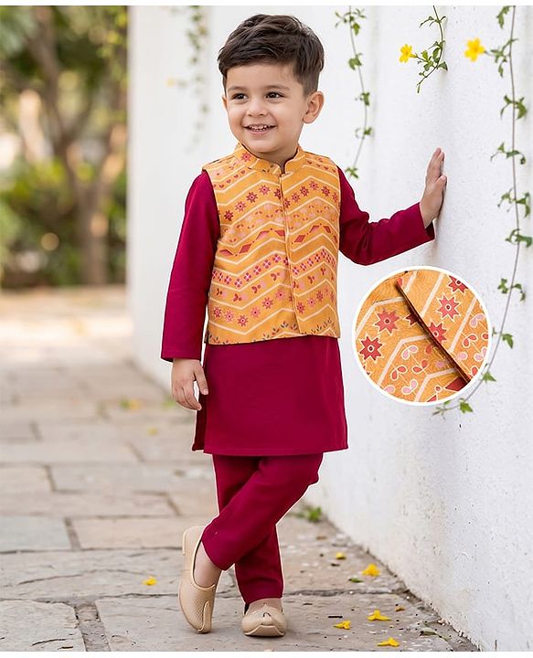 Babyhug Woven Full Sleeves Solid Colour Kurta Pajama Set with Floral Printed Nehru Jacket - Maroon