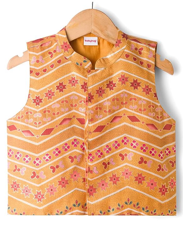 Babyhug Woven Full Sleeves Solid Colour Kurta Pajama Set with Floral Printed Nehru Jacket - Maroon