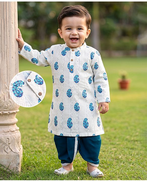 Babyhug Cambric Woven Full Sleeves Floral Kolka Dobby Printed Kurta Dhoti Set - Off White