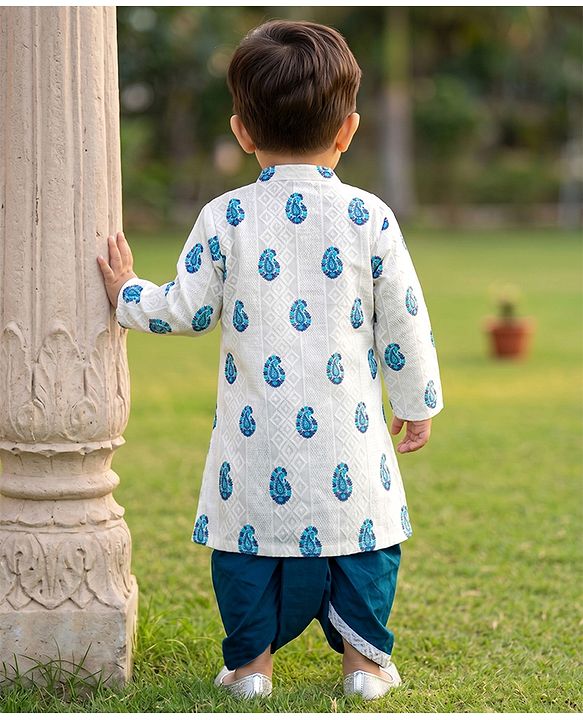 Babyhug Cambric Woven Full Sleeves Floral Kolka Dobby Printed Kurta Dhoti Set - Off White