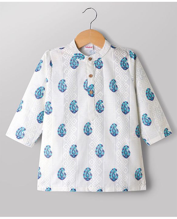 Babyhug Cambric Woven Full Sleeves Floral Kolka Dobby Printed Kurta Dhoti Set - Off White