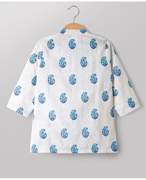 Babyhug Cambric Woven Full Sleeves Floral Kolka Dobby Printed Kurta Dhoti Set - Off White