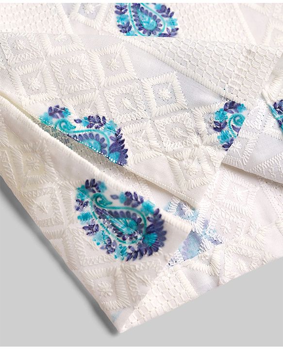 Babyhug Cambric Woven Full Sleeves Floral Kolka Dobby Printed Kurta Dhoti Set - Off White