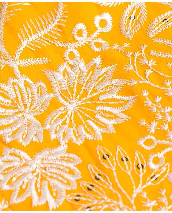 Babyhug Chanderi Woven Full Sleeves Kurta Pyjama Set With Floral Embroidery - Yellow