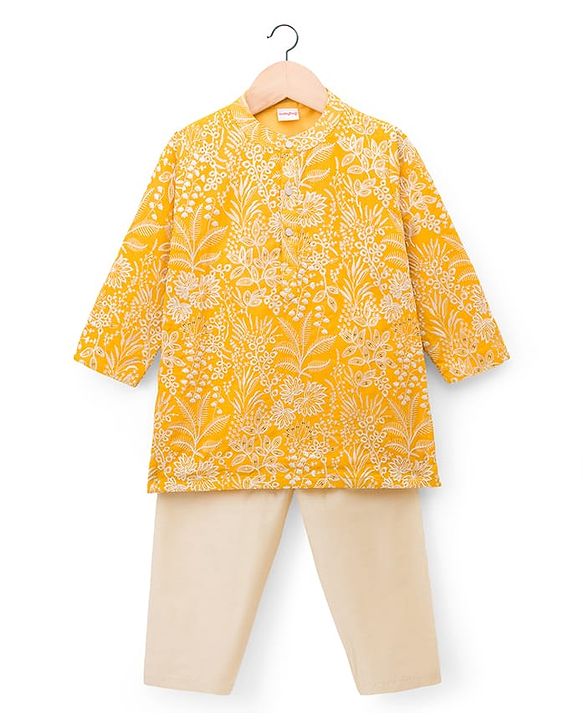 Babyhug Chanderi Woven Full Sleeves Kurta Pyjama Set With Floral Embroidery - Yellow