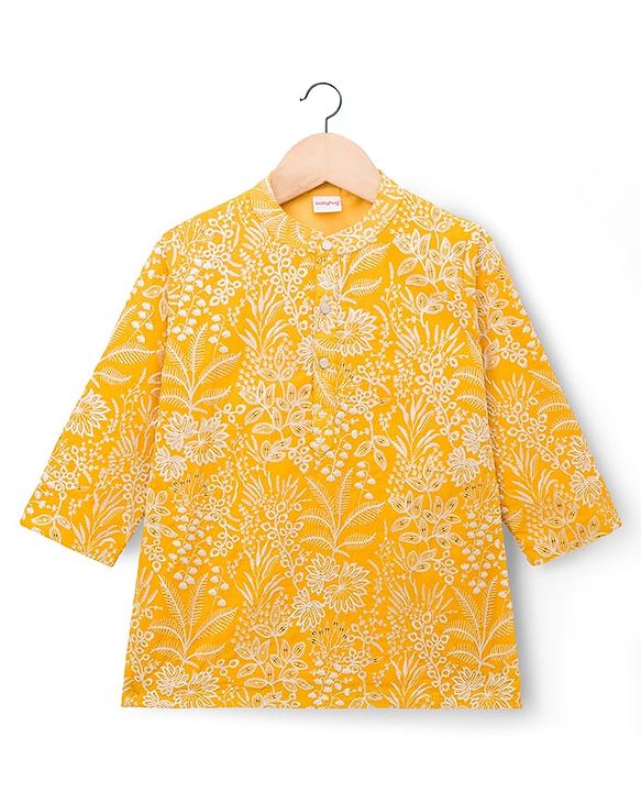 Babyhug Chanderi Woven Full Sleeves Kurta Pyjama Set With Floral Embroidery - Yellow