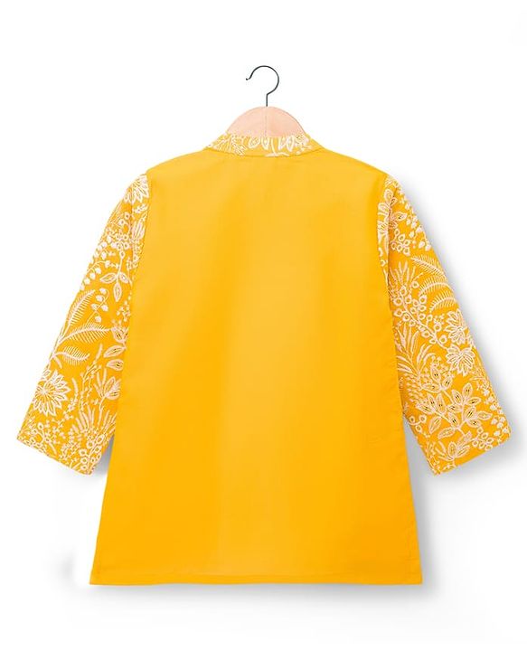 Babyhug Chanderi Woven Full Sleeves Kurta Pyjama Set With Floral Embroidery - Yellow