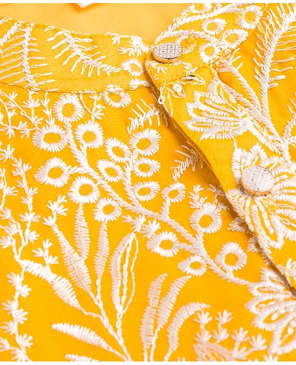 Babyhug Chanderi Woven Full Sleeves Kurta Pyjama Set With Floral Embroidery - Yellow