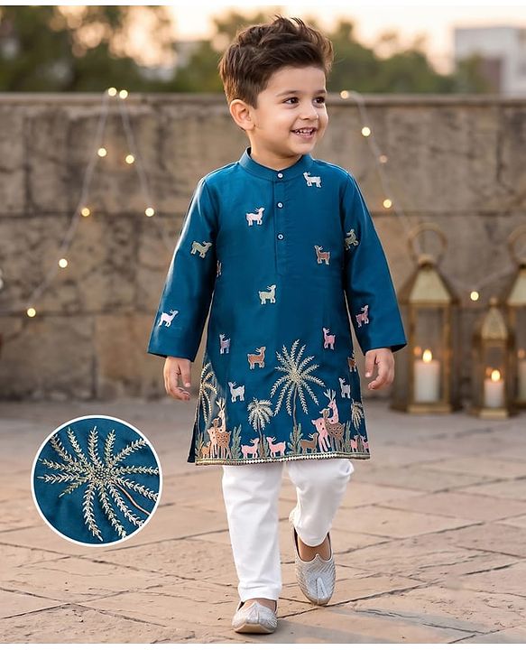 Babyhug Chanderi Woven Full Sleeves Animal Embroidered Kurta & Pyjama Set - Navy Blue