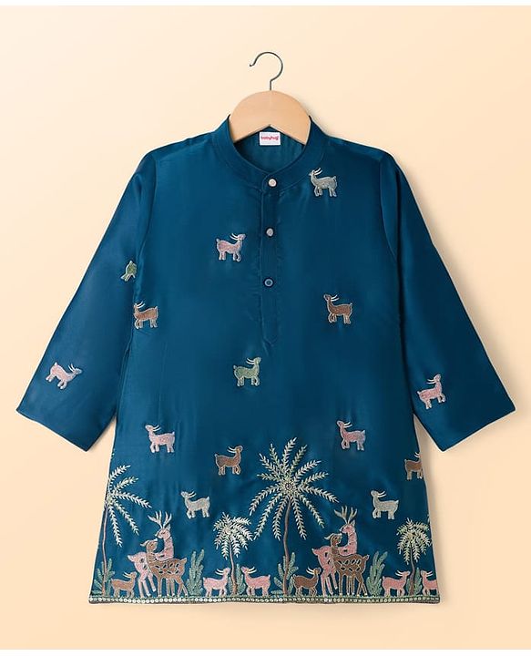 Babyhug Chanderi Woven Full Sleeves Animal Embroidered Kurta & Pyjama Set - Navy Blue