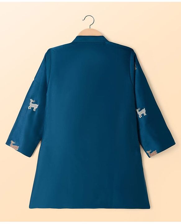 Babyhug Chanderi Woven Full Sleeves Animal Embroidered Kurta & Pyjama Set - Navy Blue