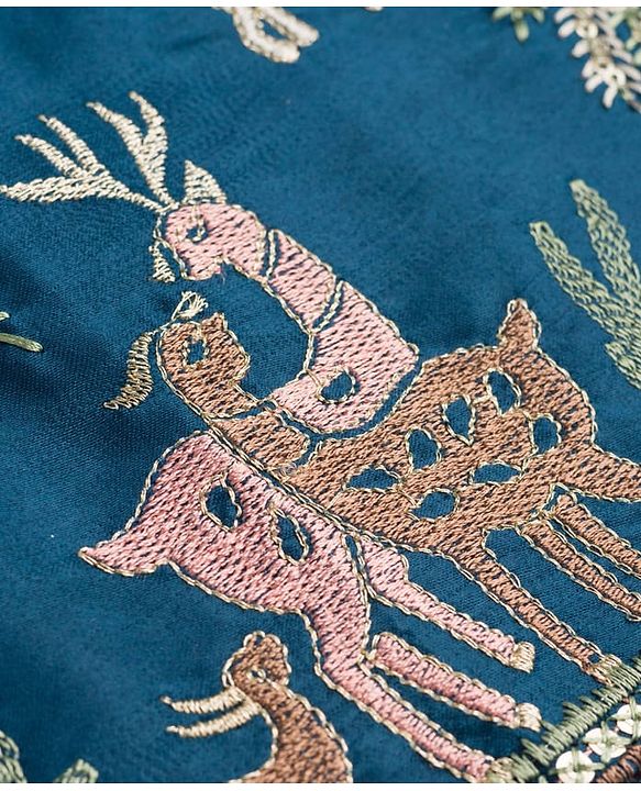 Babyhug Chanderi Woven Full Sleeves Animal Embroidered Kurta & Pyjama Set - Navy Blue