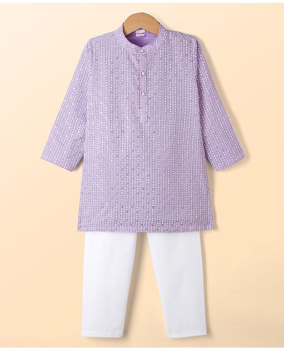 Babyhug Woven Full Sleeves Kurta Pyjama Set with Embroidery - Lavender