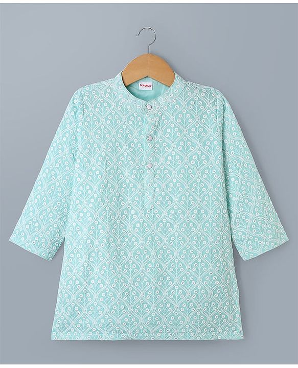 Babyhug Cotton Woven Full Sleeves Kurta & Pyjama Set With Floral Embroidery - Sky Blue