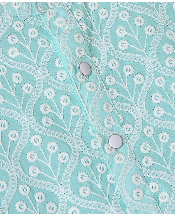 Babyhug Cotton Woven Full Sleeves Kurta & Pyjama Set With Floral Embroidery - Sky Blue
