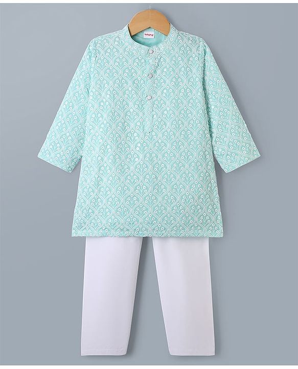 Babyhug Cotton Woven Full Sleeves Kurta & Pyjama Set With Floral Embroidery - Sky Blue